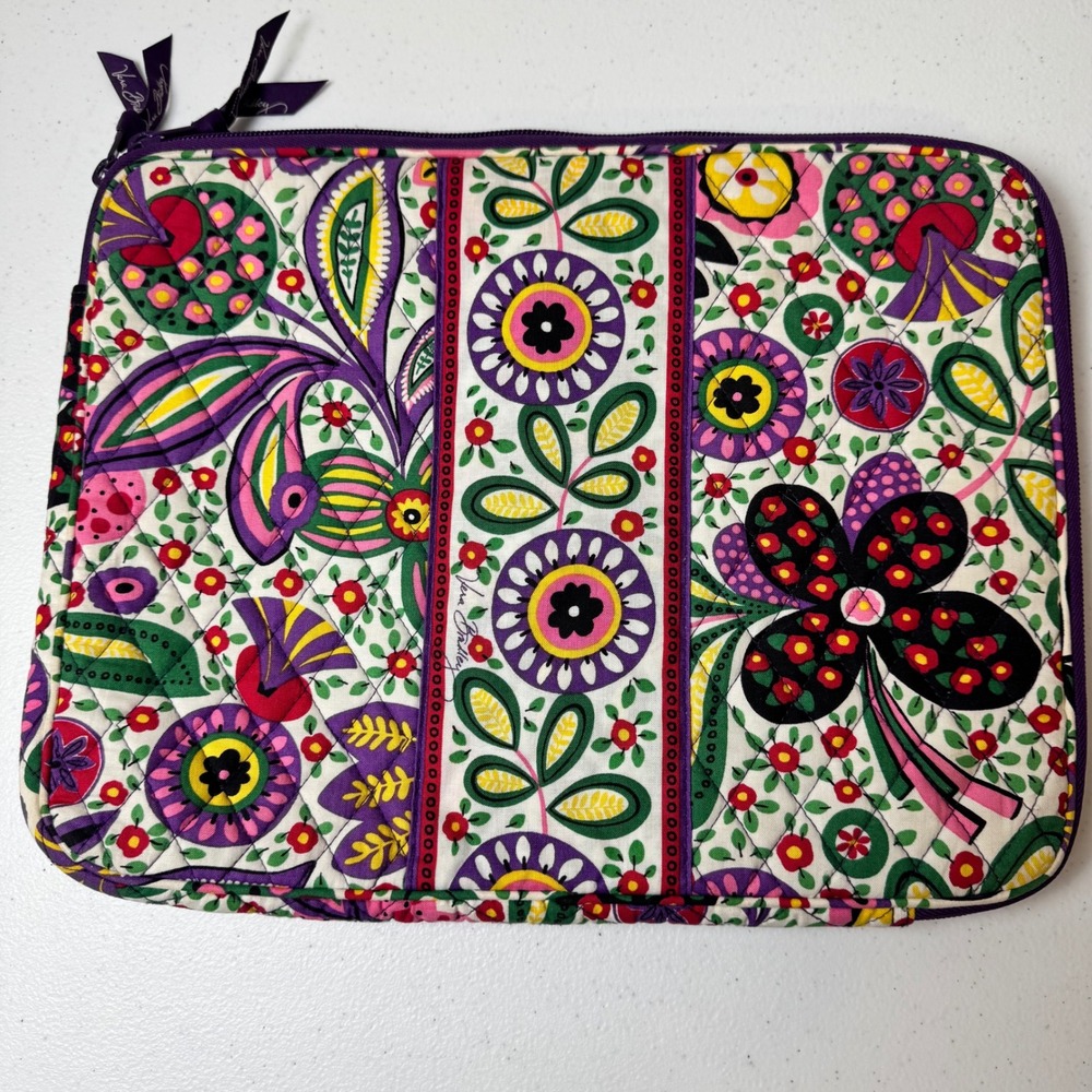 Vera Bradley Quilted Laptop Sleeve English Rose Floral Padded Case Purple 14in